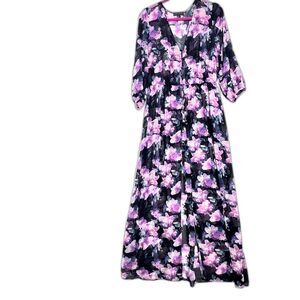 Forever 21+ Women's floral sheer Maxi dress buttons elastic waist 3/4 sleeves OX